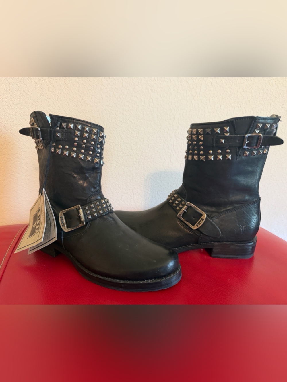 Frye Veronica Studded Black Leather Biker / Moto Boots - new with tags size 8.5